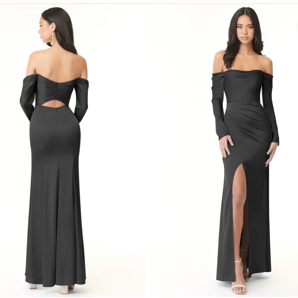 Azazie Black Off-Shoulder Long Sleeve Dress Hallie Stretch Satin